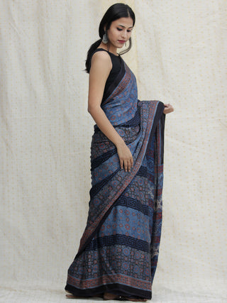 Indigo Black Red Ajrakh Hand Block Printed Modal Silk Saree - S031704123