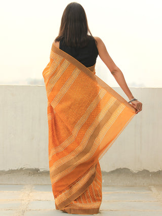 Golden Yellow Ivory Chanderi Silk Hand Block Printed Saree With Geecha Border - S031704107