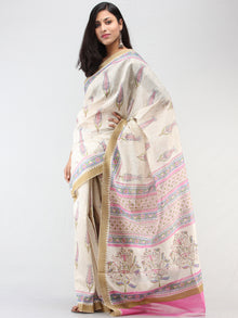 White Pink Blue Chanderi Hand Block Printed Saree With Geecha Border - S031704462