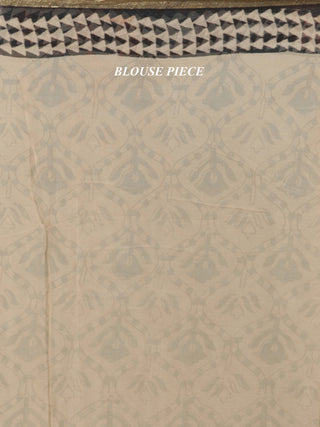 Beige Teal Blue Hand Block Printed Chiffon Saree With Zari Border - S031704690