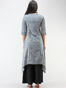 Indigo Ivory Ajrakh Hand Block Printed Cotton Asymmetric Kurta   - K212F1542