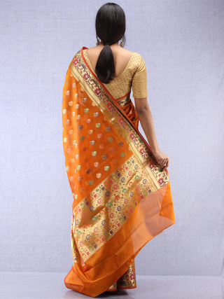 Banarasee Chanderi Saree With Meenakari Work - Orange & Gold - S031704363