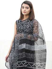 Black White Hand Block Printed Kota Doria Saree  - S031704075