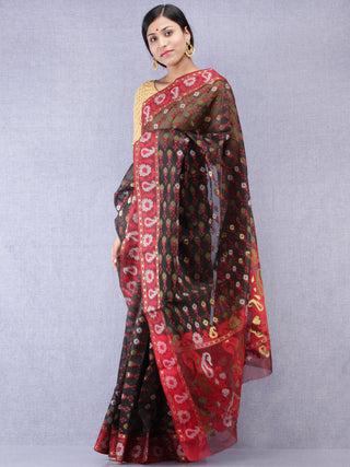 Banarasee Organza Saree With Zari & Resham Work - Black Red & Gold - S031704315