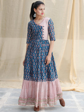 Blocks Ballad  -  Hand Block Printed Long Angrakha Chanderi Dress  - D355F1920