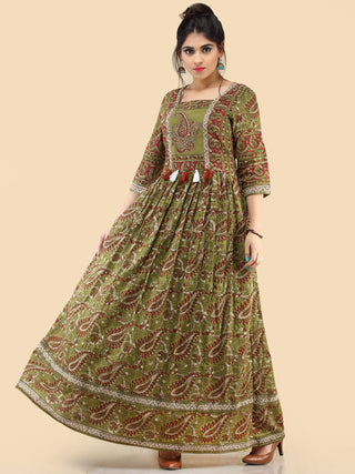 Naaz Ada - Hand Block Printed Long Cotton Dress With Gathers & Tassels - DS80F001