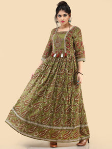 Naaz Ada - Hand Block Printed Long Cotton Dress With Gathers & Tassels - DS80F001