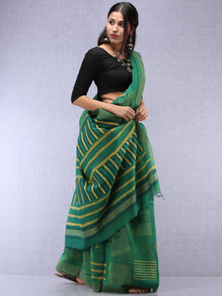 Green Yellow Hand Block Printed Chanderi Saree With Geecha Border - S031704515