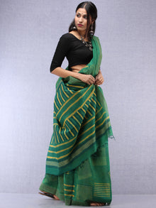 Green Yellow Hand Block Printed Chanderi Saree With Geecha Border - S031704515