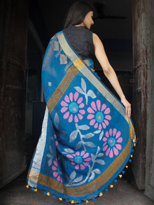 Blue Biege Handwoven Linen Jamdani Saree With Zari Border - S031703448