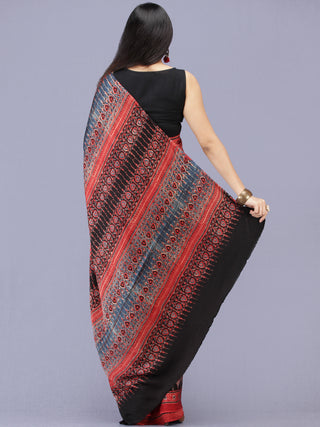 Red Indigo Black Ajrakh Hand Block Printed Modal Silk Saree - S031704185