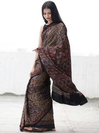 Black Beige Rust Blue Ajrakh Hand Block Printed Modal Silk Saree in Natural Colors - S031703702