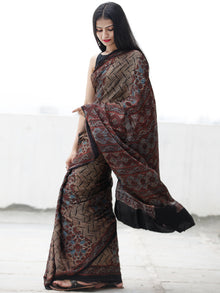Black Beige Rust Blue Ajrakh Hand Block Printed Modal Silk Saree in Natural Colors - S031703702