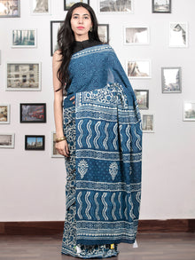 Indigo White Hand Block Printed Cotton Mul Saree With Potli Tassels  - S031703023