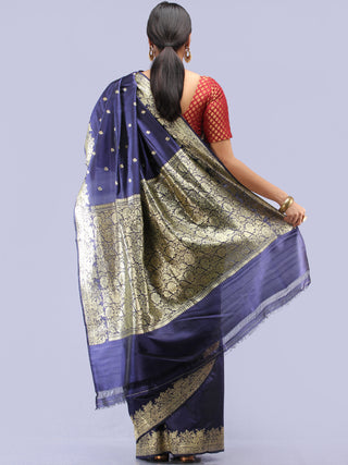 Banarasee Pure Katan Silk Handloom Saree With Zari Work - Navy Blue & Gold - S031704296