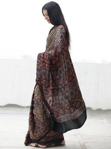 Black Beige Rust Blue Ajrakh Hand Block Printed Modal Silk Saree in Natural Colors - S031703702