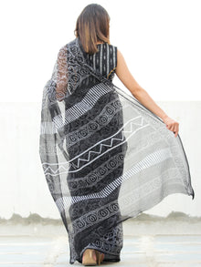 Black White Hand Block Printed Kota Doria Saree  - S031704075