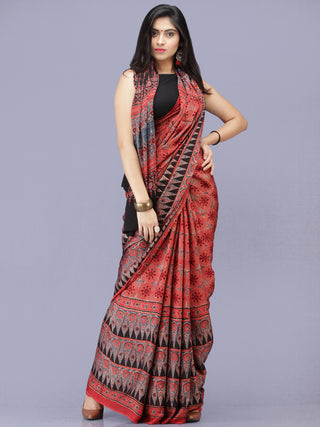 Red Indigo Black Ajrakh Hand Block Printed Modal Silk Saree - S031704185