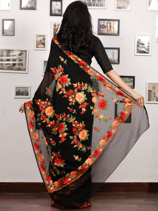 Black Red Peach Green Aari Embroidered Georgette Saree From Kashmir  - S031704065