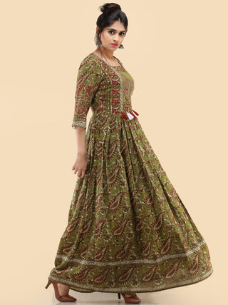 Naaz Ada - Hand Block Printed Long Cotton Dress With Gathers & Tassels - DS80F001