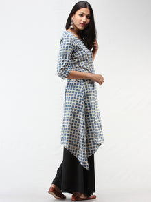 Indigo Ivory Ajrakh Hand Block Printed Cotton Asymmetric Kurta   - K212F1542