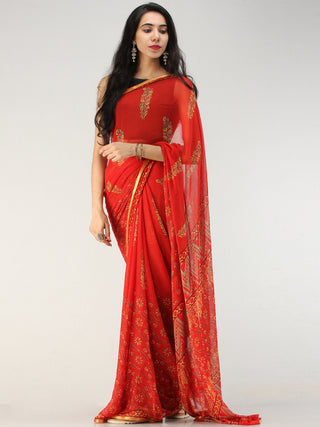 Red Yellow Hand Block Printed Chiffon Saree with Zari Border - S031704560