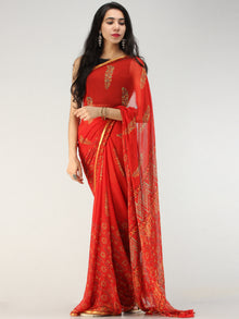 Red Yellow Hand Block Printed Chiffon Saree with Zari Border - S031704560