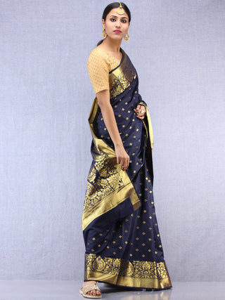 Banarasee Semi Silk Saree With Zari Border - Navy Blue Gold  - S031704384