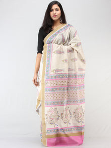 White Pink Blue Chanderi Hand Block Printed Saree With Geecha Border - S031704462