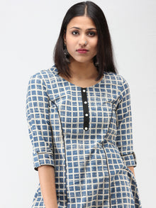 Indigo Ivory Ajrakh Hand Block Printed Cotton Asymmetric Kurta   - K212F1542