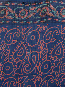 Royal Blue Coral Green Hand Block Printed Chiffon Saree with Zari Border - S031703240