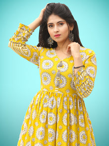 Rabia - Yellow Grey White Block Printed Long Ruffle Dress - D399F2018