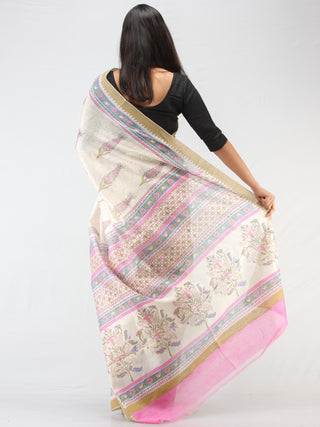 White Pink Blue Chanderi Hand Block Printed Saree With Geecha Border - S031704462