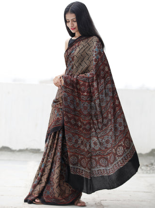 Black Beige Rust Blue Ajrakh Hand Block Printed Modal Silk Saree in Natural Colors - S031703702
