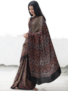 Black Beige Rust Blue Ajrakh Hand Block Printed Modal Silk Saree in Natural Colors - S031703702