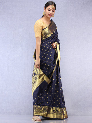 Banarasee Semi Silk Saree With Zari Border - Navy Blue Gold  - S031704384