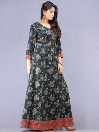 Nazmin - Hand Block Printed Long Cotton Dress With Back Knots  - D162F1823