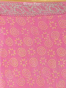 Pink Green Yellow Hand Block Printed Chiffon Saree with Zari Border - S031704591
