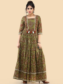 Naaz Ada - Hand Block Printed Long Cotton Dress With Gathers & Tassels - DS80F001
