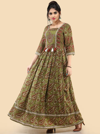 Naaz Ada - Hand Block Printed Long Cotton Dress With Gathers & Tassels - DS80F001
