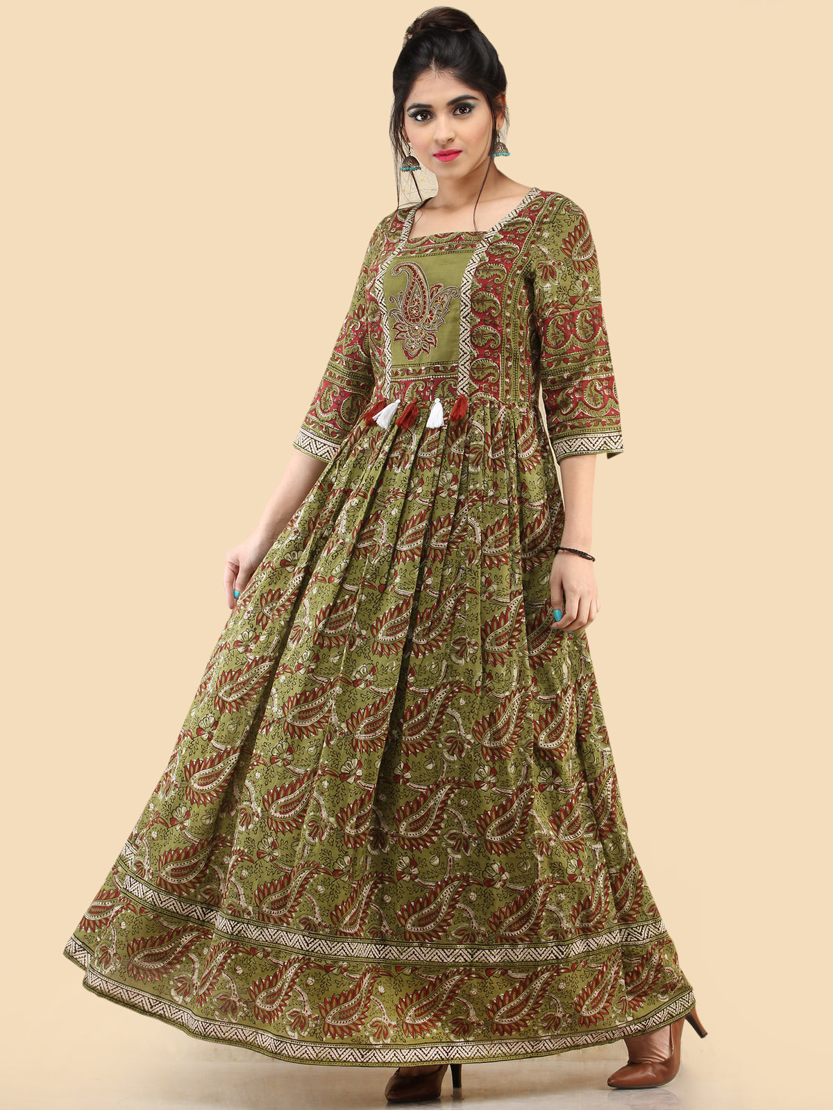 Naaz Ada - Hand Block Printed Long Cotton Dress With Gathers & Tassels - DS80F001