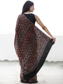 Black Beige Rust Blue Ajrakh Hand Block Printed Modal Silk Saree in Natural Colors - S031703702