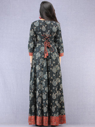 Nazmin - Hand Block Printed Long Cotton Dress With Back Knots  - D162F1823