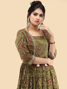 Naaz Ada - Hand Block Printed Long Cotton Dress With Gathers & Tassels - DS80F001