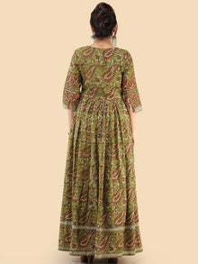 Naaz Ada - Hand Block Printed Long Cotton Dress With Gathers & Tassels - DS80F001