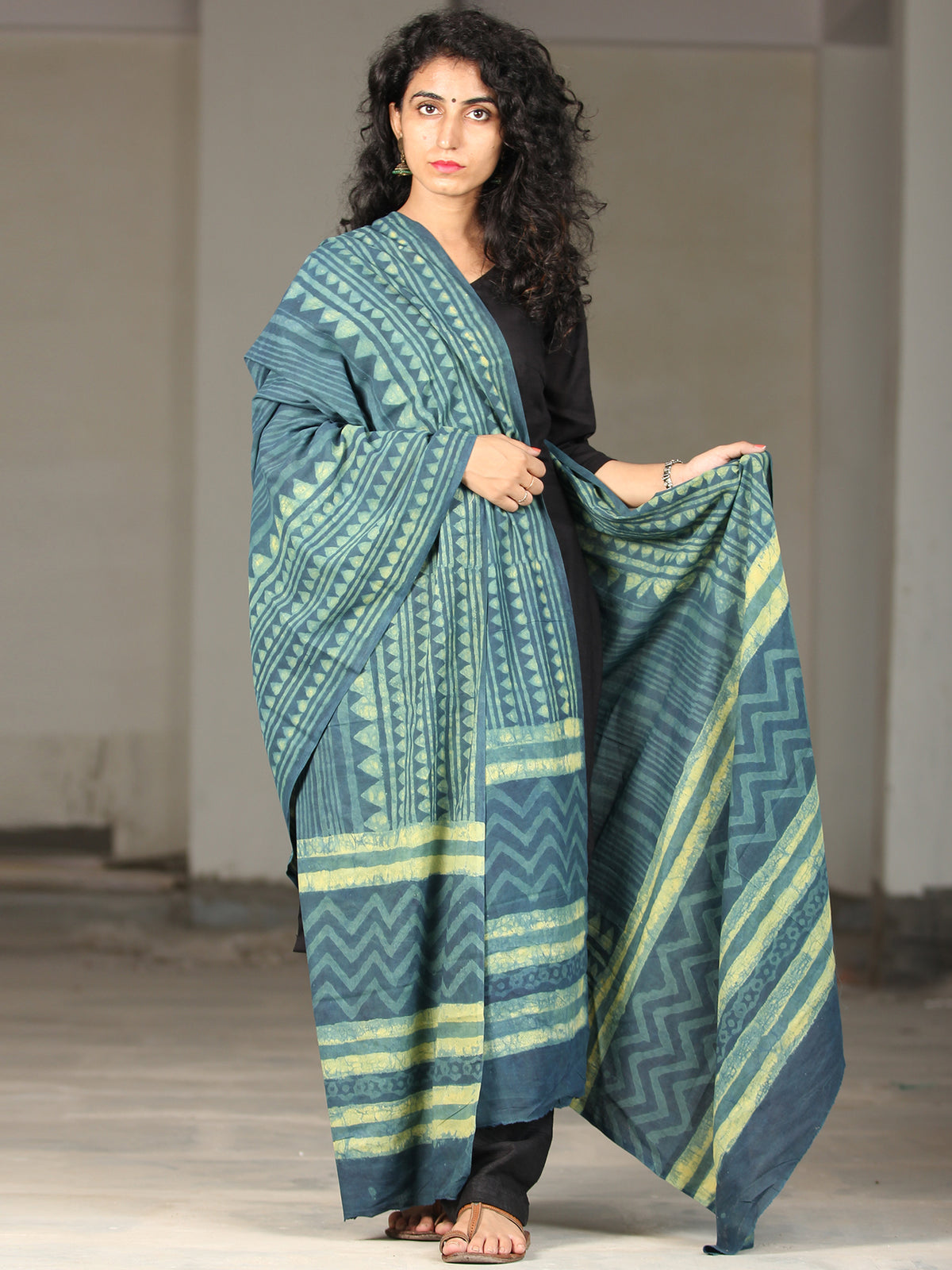 Deep Indigo Green Handloom Cotton Hand Block Printed Dupatta - D04170394