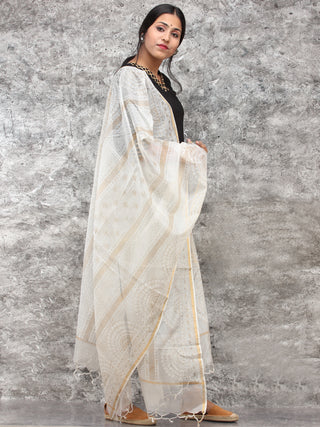 White Gold Kota Silk Hand Block Printed Dupatta - D04170784