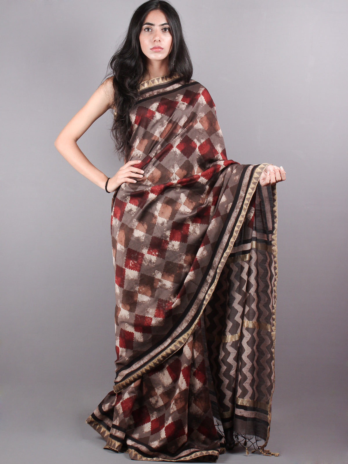 Brown Red Hand Block Printed Dyed in Natural Vegetable Colors Chanderi Saree With Geecha Border - S03170152