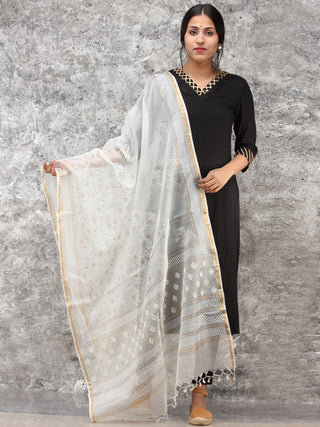 White Gold Kota Silk Hand Block Printed Dupatta - D04170787