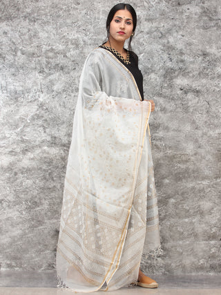 White Gold Kota Silk Hand Block Printed Dupatta - D04170787